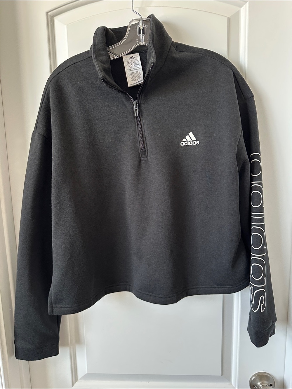 Adidas Black Half-Zip crop Sweatshirt with White Logo Sleeve Detail